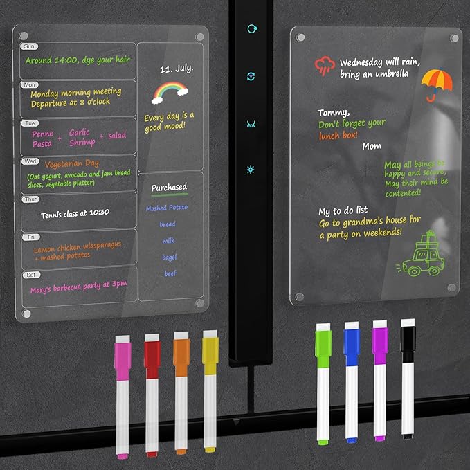Magnetic Acrylic Calendar for Fridge,2 Pack 9"x13" Clear Fridge Calendar Dry Erase Magnetic Planning Boards Set(Meal Planner+Blank Board)