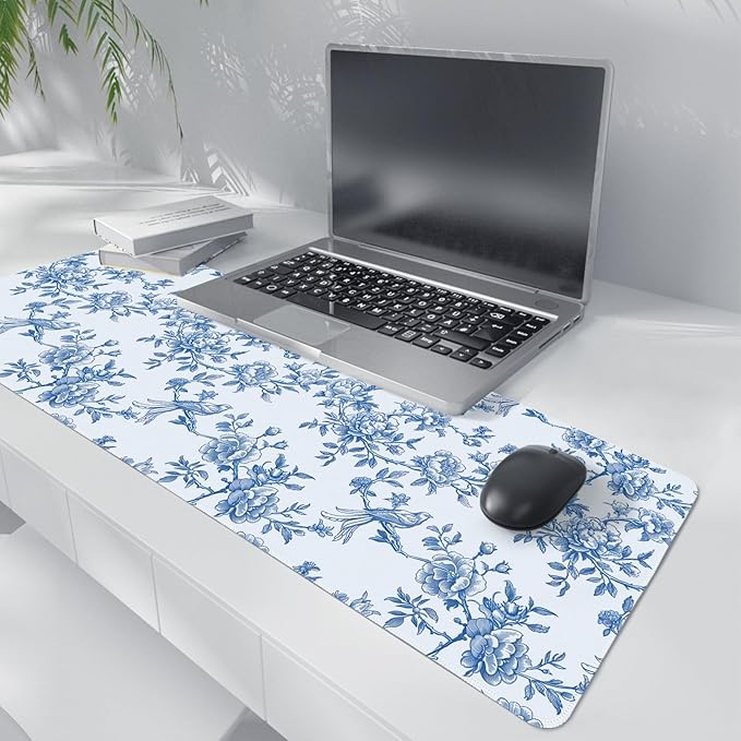 Light Blue Chinoiserie Mouse Pad,Vintage Blue and White Floral Desk Mat,XL Large Vintage Flowers and Birds Preppy Mouse Pad,Girly Laptop Desk Mat for Dorm Home Office,31.5x11.8 Inch