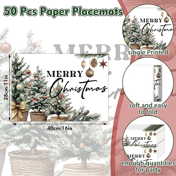 50 Pack Pine Trees Merry Christmas Balls Paper Placemats,16x 11 Inch Xmas Tree Disposable Placemats Seasonal Winter Xmas Holiday Table Mats for Kitchen Dining Christmas Party Decor