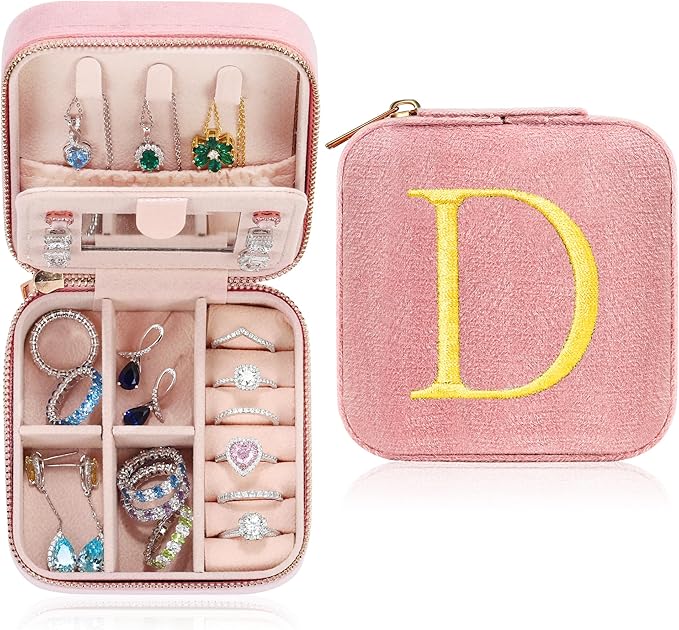 Parima Plush Velvet Daughter Gifts from Mom - Personalized Small Travel Jewelry Box Jewelry Case Organizer Teenage Year Old Girl Gifts for Daughter Birthday Daughter in Law Niece - Letter D, Pink