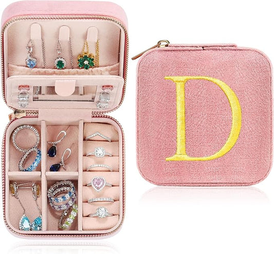 Parima Plush Velvet Daughter Gifts from Mom - Personalized Small Travel Jewelry Box Jewelry Case Organizer Teenage Year Old Girl Gifts for Daughter Birthday Daughter in Law Niece - Letter D, Pink