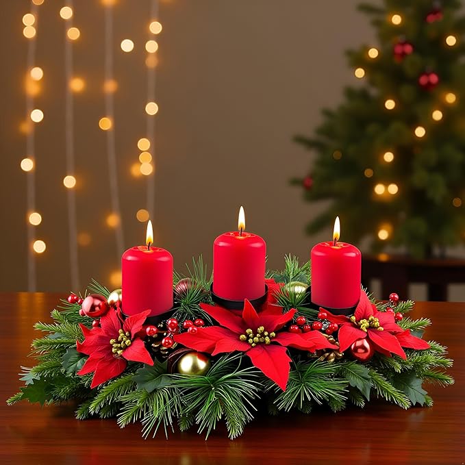 YULETIME 28" Christmas Triple Candelabrum, Holiday Candle Holder with Three Trays, Poinsettia, Red and Gold Baubles, Natural Pine Cones, Red Berries, Leaves Holly, Spruce Branches