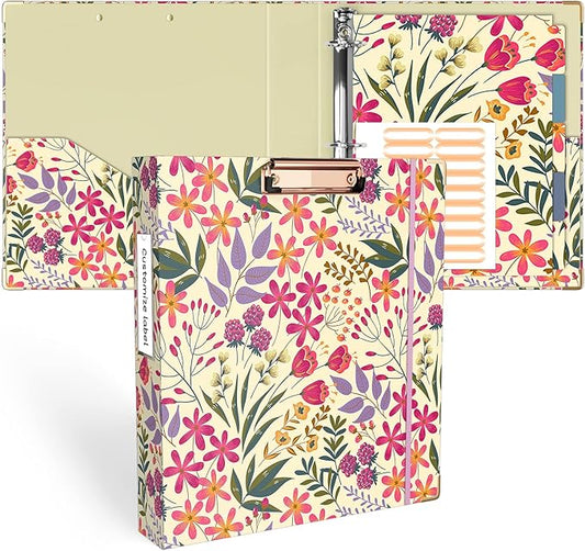 Ospelelf 3 Ring Binder, 1.5 Inch, Cute Floral Binder for Letter Size (11" x 8.5") with 5 Tab Dividers, File Folder Labels and Low Profile Clipboards