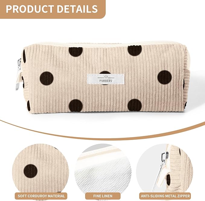 Pencil Bag Pen Case, Soft Corduroy Small Pencil Pouch Organizer with Zipper, Cute Pencil Case Pouch Stationery for Girls and Boys – Dot Beige