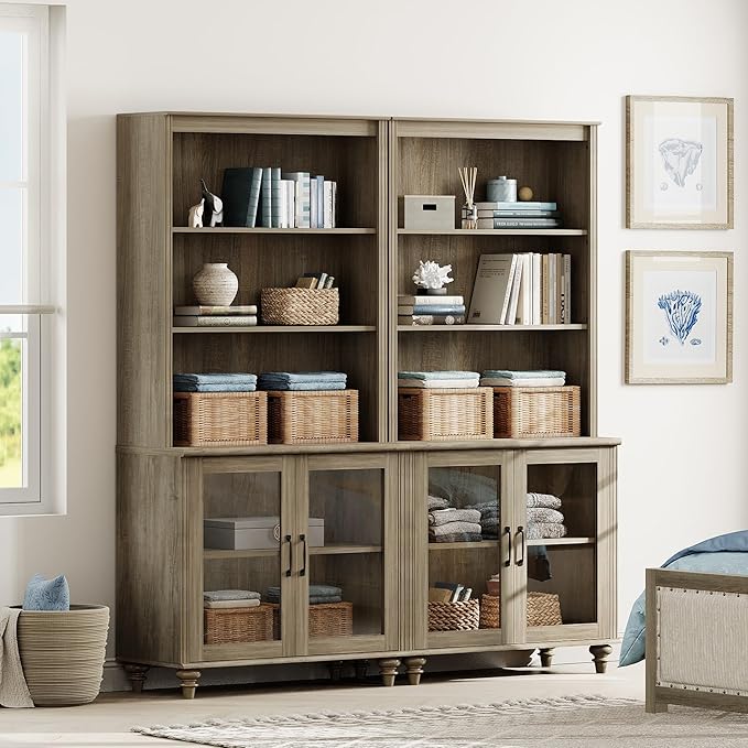 WAMPAT 5 Tier Wooden Bookcase 72" Tall Bookshelf with Glass Doors,Large Farmhouse Display Book Shelf with Adjustable Shelves and Storage Cabinet for Living Room, Study Room, Bedroom, Wash Grey