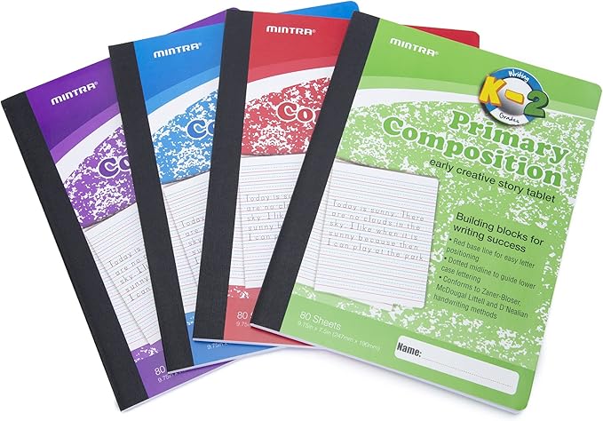 Mintra Primary Composition Notebook, 4 Pack, Assorted Colors 80 Sheets, 7.5in x 9.75in, Full Sheet, Ruled with Drawing Area, Flexible Hardcover Journal, Grade K-2, School & Home Use