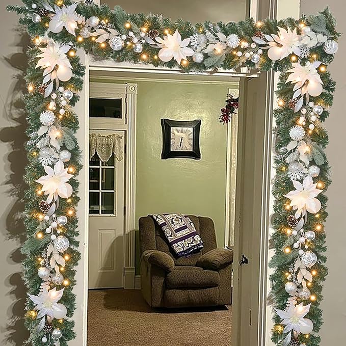 Lighted Christmas Garland for Mantle,Fireplace,Stairs, Garland for Front Door Pre-lit 6 feet Winter White Silver Poinsettia Garland with 25 LED Lights,Timer & Battery Operated.in/Out Door Decor