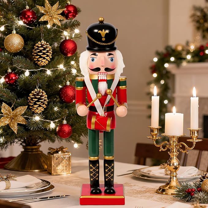 Nutcracker Christmas Decor, 14" Wooden Nutcracker Soldier Christmas Decoration Home Mantle Table Fireplace Christmas Ornaments for Festival Party (14" Black Hat Durm Nutcracker)