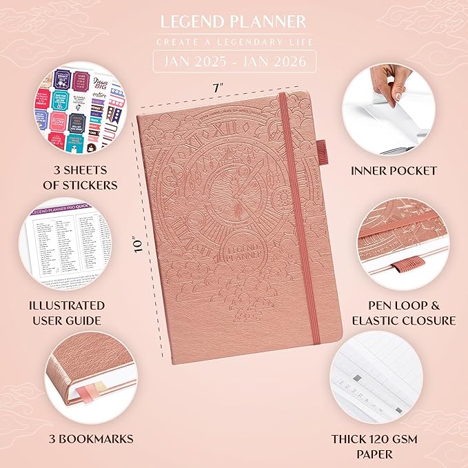 Legend Planner PRO Dated Jan 2025-Jan 2026 – Deluxe Weekly & Daily Organizer with Time Slots. Appointment Book Journal for Work & Time Management, A4 Hardcover (Rose Gold)