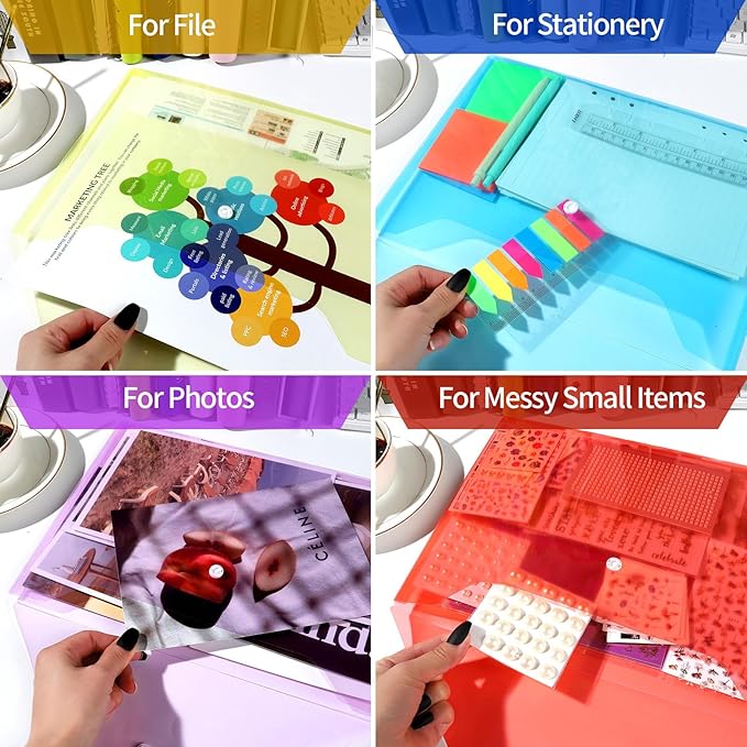 LEOBRO Plastic File Folders for Documents, 4 PCS File Folders, A4 Size Plastic Folders, Plastic Envelopes with Snap Closure, Clear Envelopes Pouches Folder Organizer Document Holder, Filing Envelopes