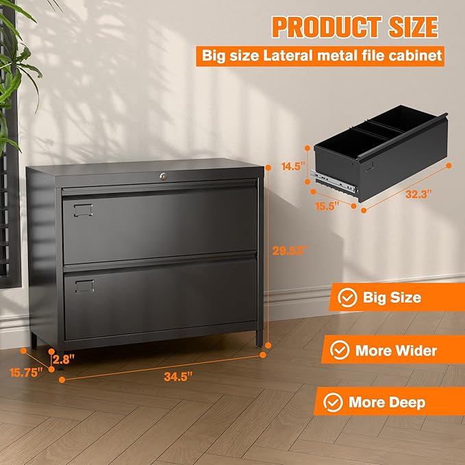 Metal Lateral File Cabinet with 2 Drawer,Metal Filing Cabinets with Lock for Home Office A4 and Letter Size Files, Printer Stand, Assemble Required,Black