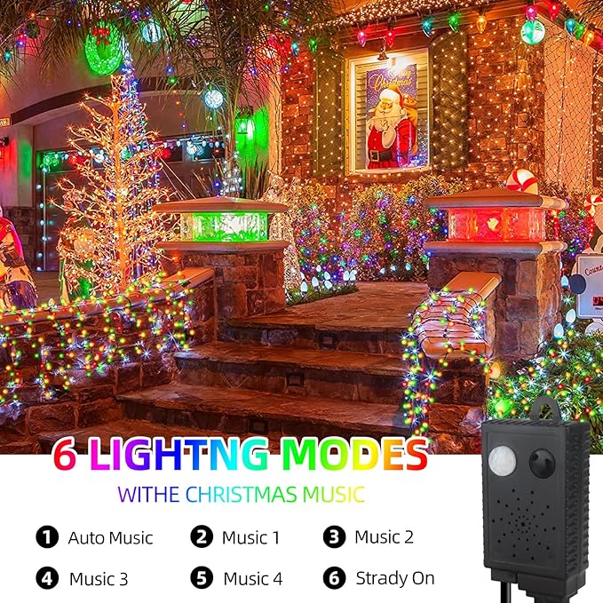 Music Motion Sensor Christmas String Lights 105ft 300 LED，Multicolour Christmas Tree Lights，End-to-End Plug In 6 Modes Christmas Lights, Waterproof for Indoor Outdoor Tree Party Yard Room Decor