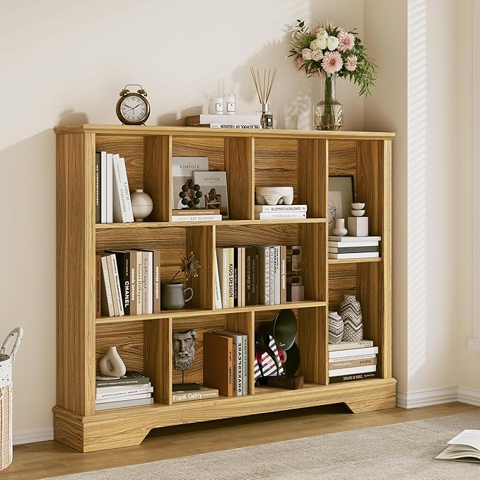 10-Cube Storage Bookcase, Modern 3-Tier Wooden Storage Organizer Open Bookshelf with Base for Living Room, Bedroom, Home Office