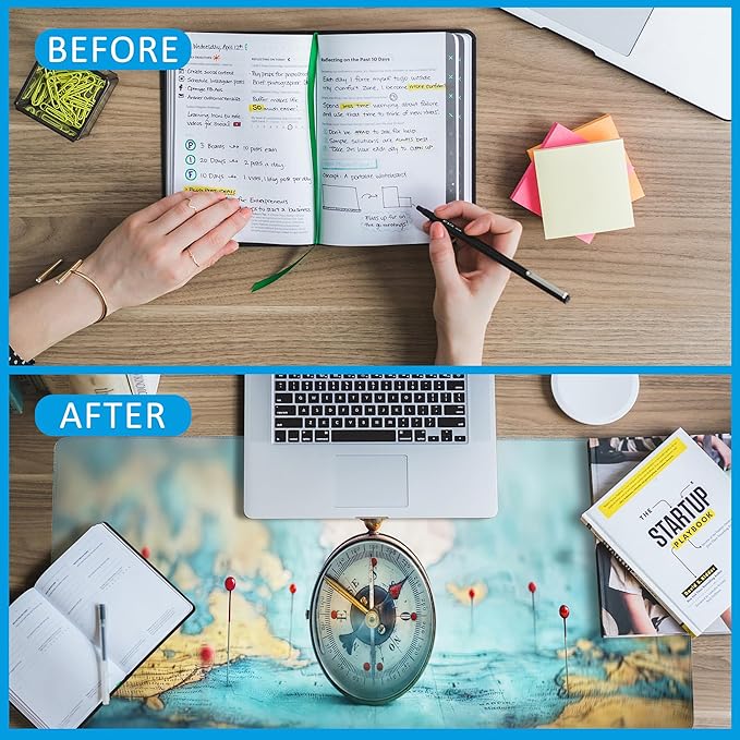 Mouse Pad,Compass on World Map Desk Mat for Desktop,Desk Pad with Non-Slip Base and Stitched Edge,Extended Mousepad for Office and Home 35.4X15.7 Inch