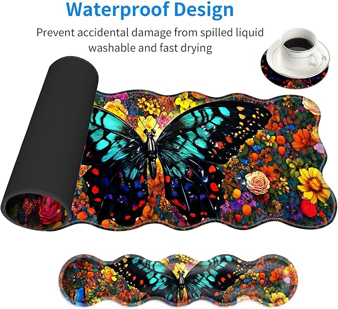 Large Mouse Pad and Keyboard Wrist Rest, Desk Pad for Keyboard and Mouse, 4-in-1 Large Gaming Mouse Pad with Wrist Support, Desk Mat for Home Office Study Game-Vibrant Butterfly On Flowers