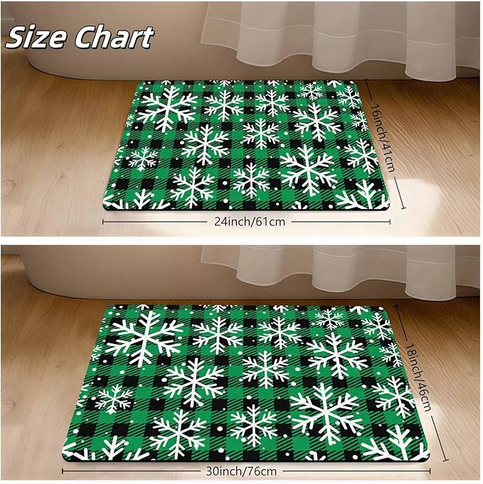 Merry Christmas Door Mat Xmas Snowflakes Doormat Non Slip Rubber Entry Front Porch Rugs Green Plaid Welcome Mats for Christmas Indoor Outdoors, 18" x 30"Inch
