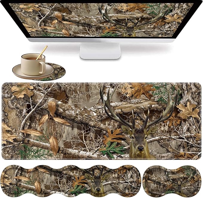 Large XXL Gaming Desk Mat 31.5"x 11.8", Ergonomic Keyboard Wrist Rest & Mouse Pad Wrist Rest + Coaster Set, Non-Slip Base, Memory Foam, Office and Home, Camouflage Giraffe