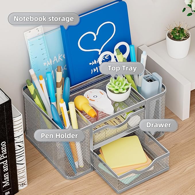 Marbrasse Mesh Desk Organizer, Pen Organizer with 2 Drawer, Multi-Functional Pencil Holder for Desk, Desk Organizers and Accessories with 5 Compartments + Drawer for Office Art Supplies (Silver)