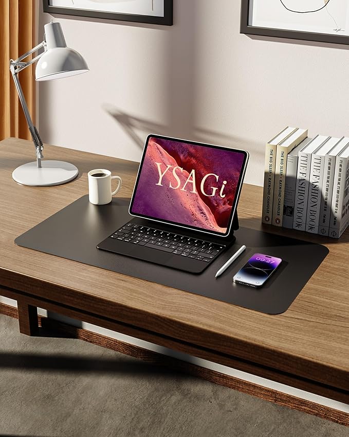 YSAGi Leather Office Desk Pad Protector, Large Mouse Pad, Non-Slip, PU Leather, Laptop Desk Blotter, Waterproof Writing Pad for Office and Home, Black, 23.6" x 13.8"