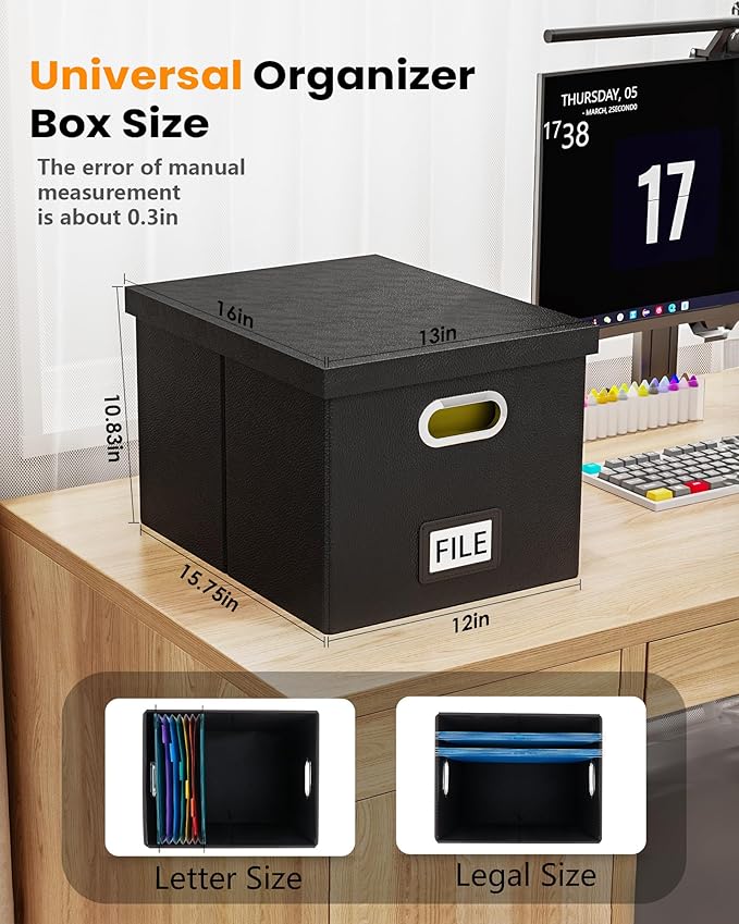 Oterri File Organizer Box with Lid - Portable Hanging File Box for Letter/Legal Files, Office/Decor/Home, 1 Pack, Black Leather