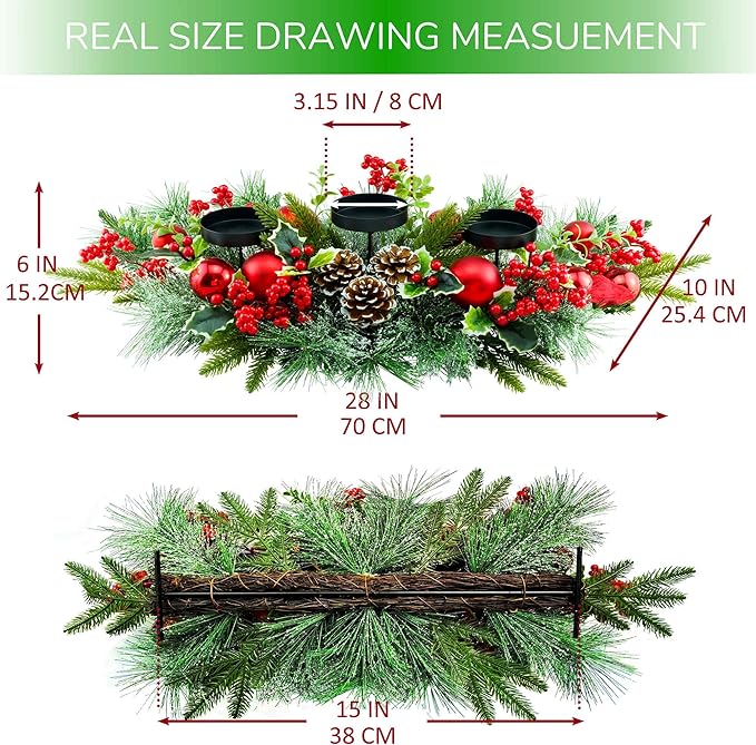 YULETIME 28" Christmas Triple Candelabrum, Holiday Candle Holder with Three Trays, Red Baubles, Natural Pine Cones, Red Berries, Green Leaves Holly, Spruce Branches, Pine Needles