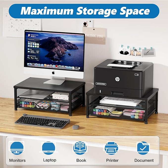 OPNICE Computer Monitor Stand Riser, Desk Organizers and Accessories with Drawer, Laptop Stand, Office Desk Accessories & Workspace Desktop Organizers Storage for Office Supplies(Black)