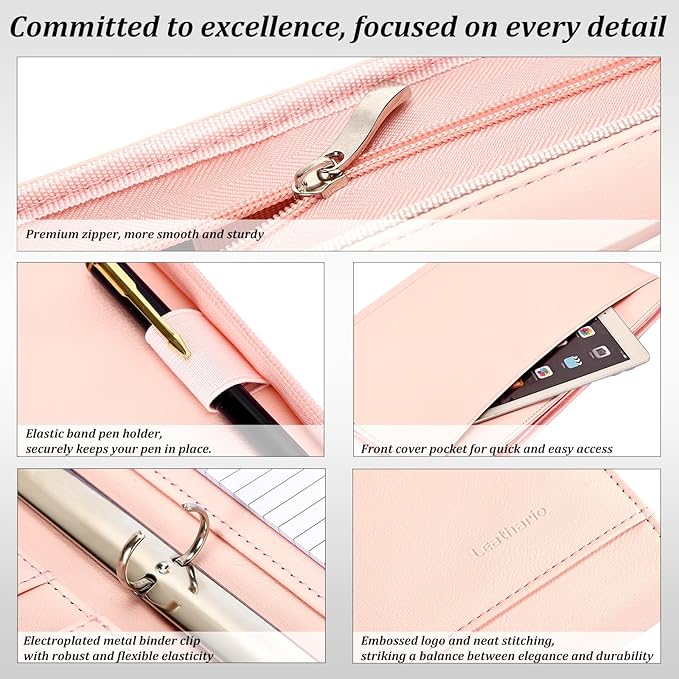 Leathario Portfolio Binder, Includes 10 Sheet Protectors and 3 Notepads, 3-Ring Folder Organizer, A4 Padfolio with Zipper, Vegan Leather Tablet Sleeve, Business Office Conference Clipboards