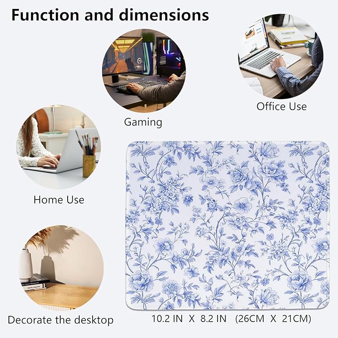 Light Blue Chinoiserie Mouse Pad,Blue and White Floral Desk Mat,Girly Preppy Floral Mouse Pad for Dorm Home Office Desktop Decor,10.2x8.2 Inch