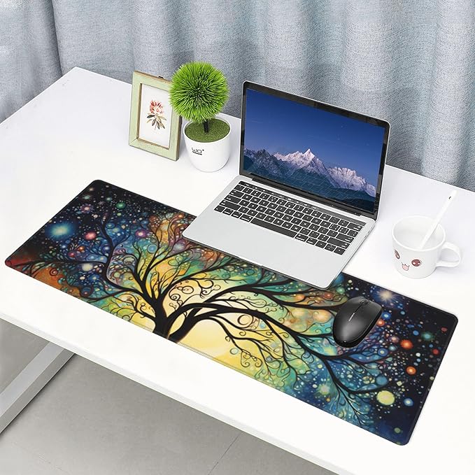 Large Gaming Cosmic Tree Design Mouse Pad 31.5 x 12 Inch, Non-Slip Base, Water Resistant, Ideal for Gamers, Office & Home