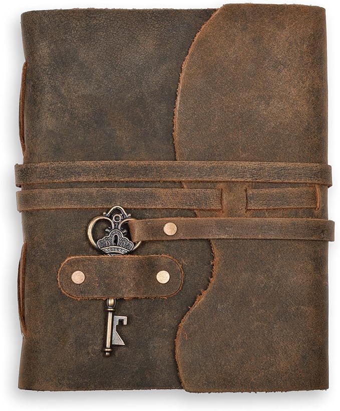 LEATHER VILLAGE Vintage Leather Journal – 200 Handmade Vintage Deckle Edge Paper – Leather bound Journal For Women Men – Vintage Key Closure - Book of Shadows - Chocolate Brown - 13X8 inches
