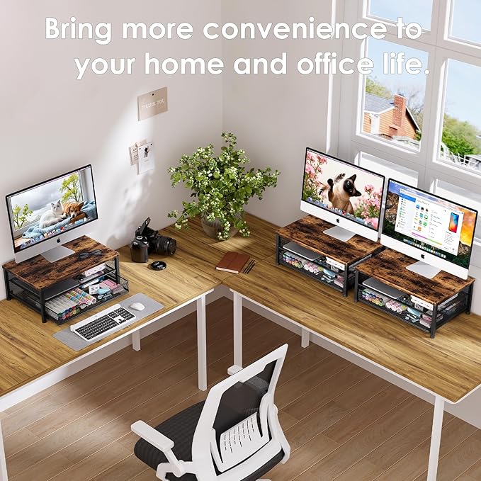 OPNICE Computer Monitor Stand Riser, Desk Organizers and Accessories with Drawer, Laptop Stand, Office Desk Accessories & Workspace Desktop Organizers Storage for Office Supplies(Brown)