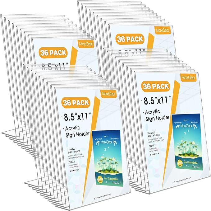 MaxGear Acrylic Sign Holder 8.5 X 11 inches Slant Back Sign Holder Clear Sign Display Holder Plastic Display Stands Table Sign Display Holder for Office, Home, Store, Restaurant - Vertical, 36 Pack