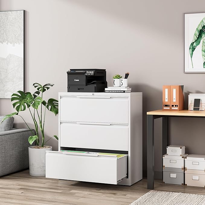 Lateral File Cabinet, 3 Drawer Lateral File Cabinet with Lock, Lockable Metal File Cabinet for Home Office, File Cabinet for Letter/Legal/F4/A4 Size (White, 3 Drawer)