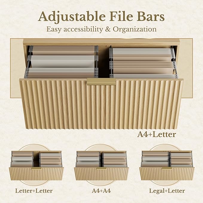 2 Drawer Fluted File Cabinet, 32'' Lateral File Cabinet for Legal/Letter/A4/F4 Size Hanging Files, Wood File Storage for Home Office, Light Walnut