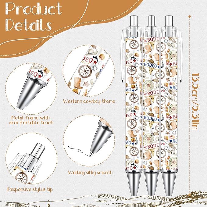 Western Cowboy Ballpoint Pens - 24PCS Cute Cowboy Print Pens Set Horse Cow Skull Smooth Writing Pens Retractable Boots Hat Pen for School Office Supplies for Women Teacher Birthday Gifts