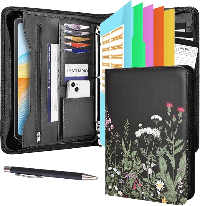 Leathario Portfolio Binder, Includes 5 Folder Index Dividers and 3 Notepads, 3-Ring Folder Organizer, Padfolio with Zipper, Vegan Leather Tablet Sleeve, Business Office Conference Clipboards