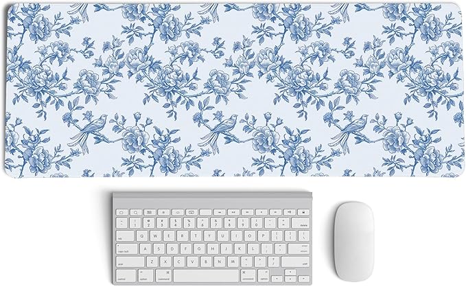 Light Blue Chinoiserie Mouse Pad,Vintage Blue and White Floral Desk Mat,XL Large Vintage Flowers and Birds Preppy Mouse Pad,Girly Laptop Desk Mat for Dorm Home Office,31.5x11.8 Inch