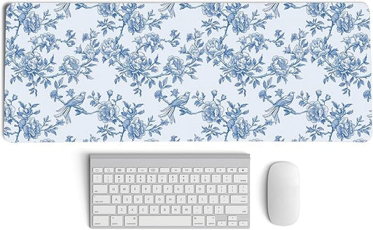 Light Blue Chinoiserie Mouse Pad,Vintage Blue and White Floral Desk Mat,XL Large Vintage Flowers and Birds Preppy Mouse Pad,Girly Laptop Desk Mat for Dorm Home Office,31.5x11.8 Inch