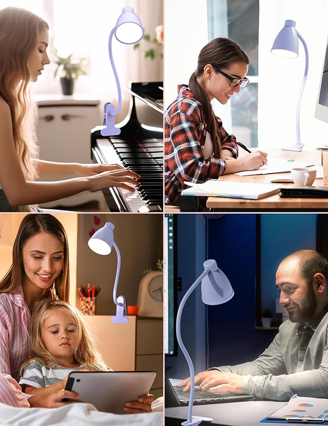 BOHON Desk Lamp with Clamp, 10W 38 LED Clip on Light, 5 Color 10 Brightness Auto Off Timer, Flexible Gooseneck Clip Lamp, Desk Lights for Office Home Bed Bedside Reading, Lilac Purple