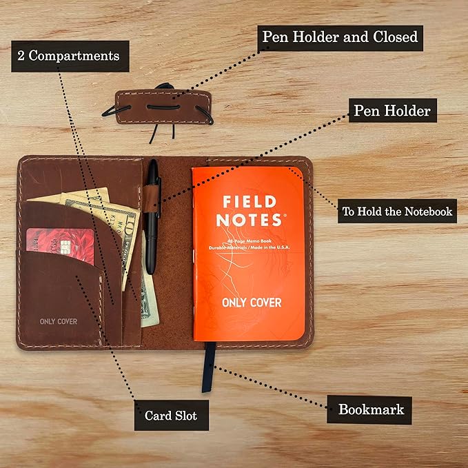 Leather Cover for Field Notes, Passport Cover, Leather Notebook Cover for 3.5" x 5.5" with Pen Holder, Only Cover (Bourbon)