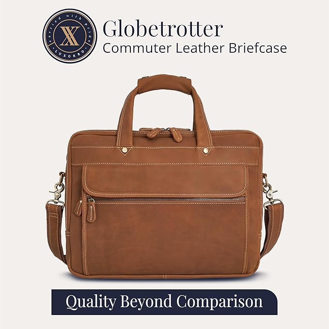 Luxorro Full Grain Leather Briefcase for Men, Light Brown, 17"(W) x 13"(H) x 5"(D), Fits 15.6 Inch Laptop