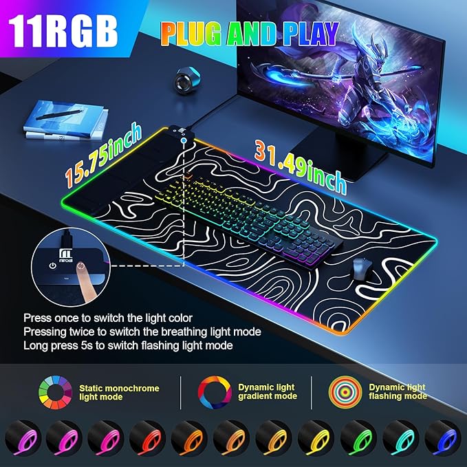 Mouse Pad with Phone Holder, Wireless Charging Desk Mat, RGB Gaming Mousepad Home Office Large Desk Pad with Ultra-Smooth Surface, Non-Slip Base, Waterproof Keyboard Pad,Topographic Black