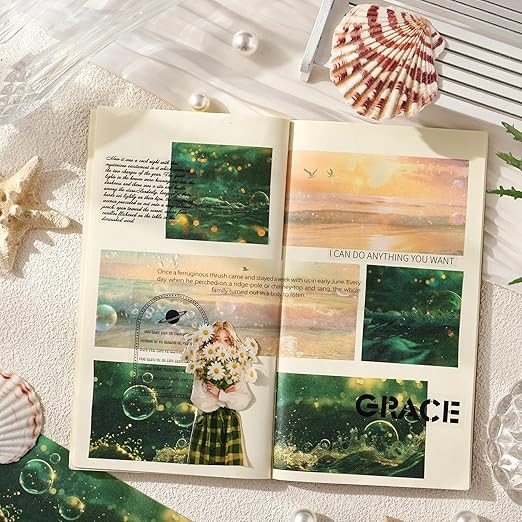 Ocean Fantasy Washi Tape Set – 6 Rolls with Dreamy Sunset, Wave and Bubble Patterns for Scrapbook, Journal, DIY Cards, with Mini Clip