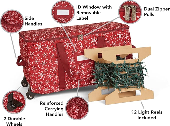 Covermates Keepsakes Rolling Christmas Light Storage Bag - Carrying Handles, ID Window, Dual Wheels - Holiday Storage, Red Snowflake