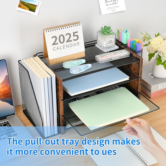 OPNICE Desk Organizer and Accessories, 4-Tier Desktop File Organizer with Drawer and 2 Pen Holders, Office Desk Accessories for Office Supplies(Wood)