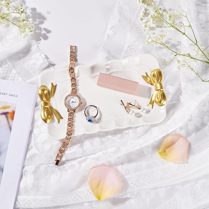 Bow Jewelry Tray Ceramic Trinket Dish for Rings Earrings Necklaces Bracelet Watch Keys, Ring Dish Plate Key Bowl Room Decor Aesthetic Vanity Perfume Tray, Gifts for Women, 6.69"