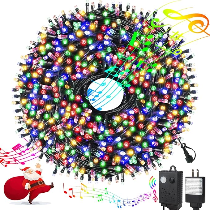 Music Motion Sensor Christmas String Lights 105ft 300 LED，Multicolour Christmas Tree Lights，End-to-End Plug In 6 Modes Christmas Lights, Waterproof for Indoor Outdoor Tree Party Yard Room Decor