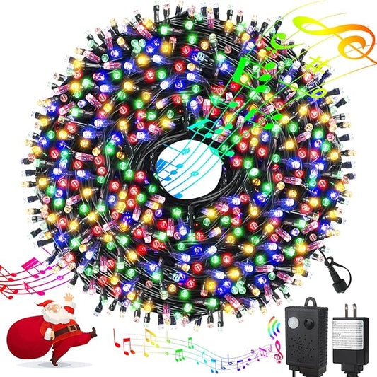 Music Motion Sensor Christmas String Lights 105ft 300 LED，Multicolour Christmas Tree Lights，End-to-End Plug In 6 Modes Christmas Lights, Waterproof for Indoor Outdoor Tree Party Yard Room Decor