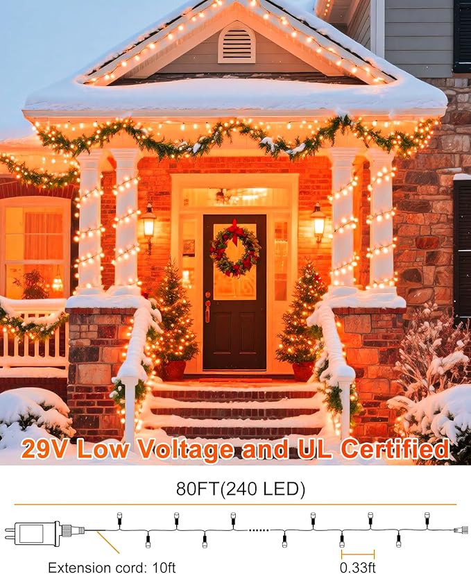 Orange Christmas Lights Outdoor, 80FT 240 LED Christmas Tree Lights Waterproof Plug in, 8 Modes Connectable Christmas Decorations Green Wire for Indoor Room Tree House Party
