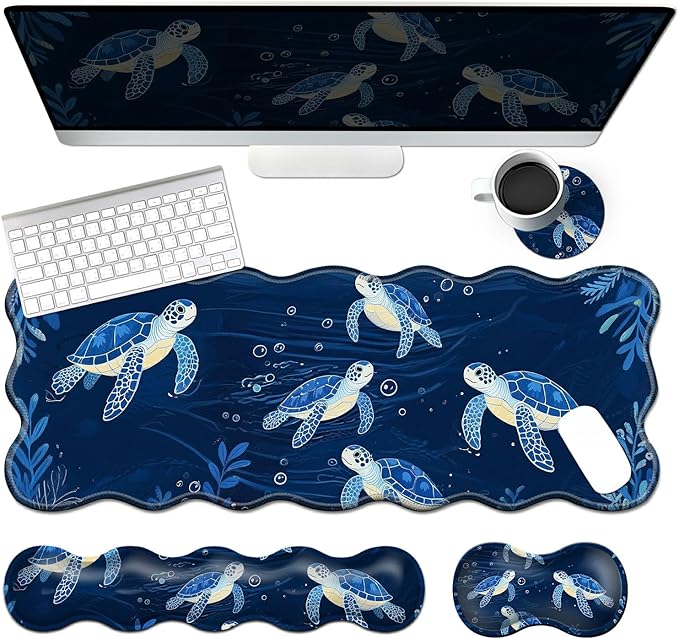 4-Piece XXL Gaming Mouse Pad Set (31.5"x11.8") with Keyboard Wrist Rest,Mouse Wrist Support & Coaster,Ergonomic Non-Slip Desk Mat for Office & Home,Blue Sea Turtle